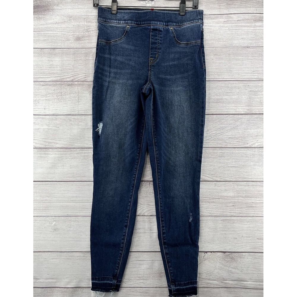 Spanx Pull on Pants Stretch Skinny Jeans Jeggings Frayed Raw Hem Sz M High Waist